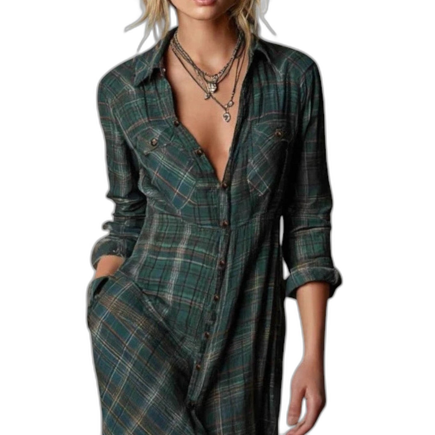 Effortless Green Plaid Maxi Dress for Women with Collared Long Sleeve Button Front Flowing Casual Style