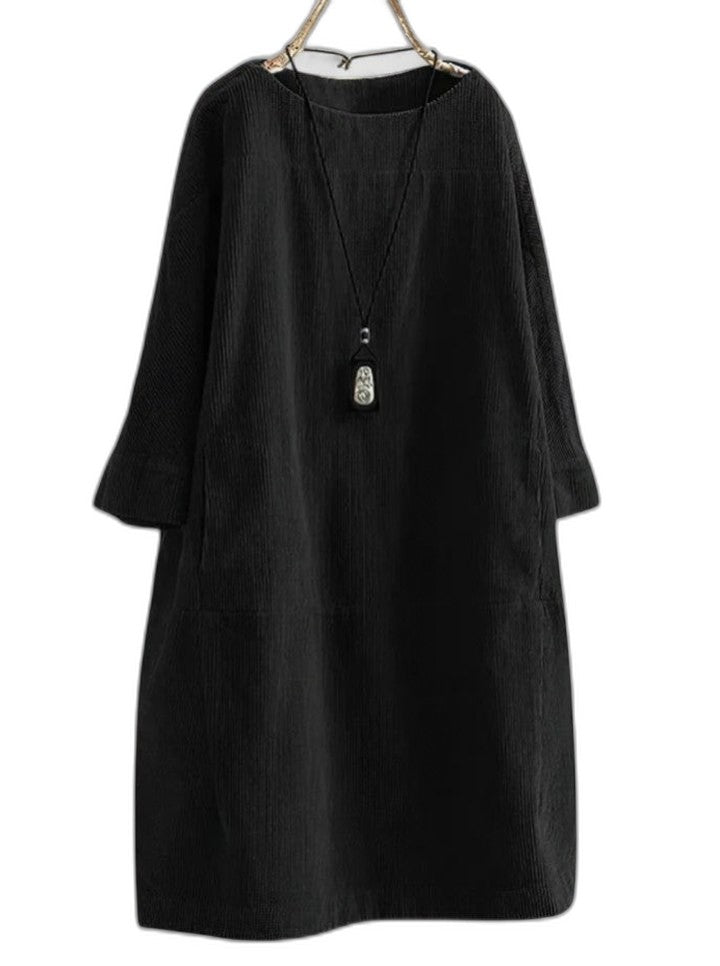 Effortless Grey Corduroy Midi Dress for Women with Crew Neck Long Sleeve A Line Pockets Casual Style