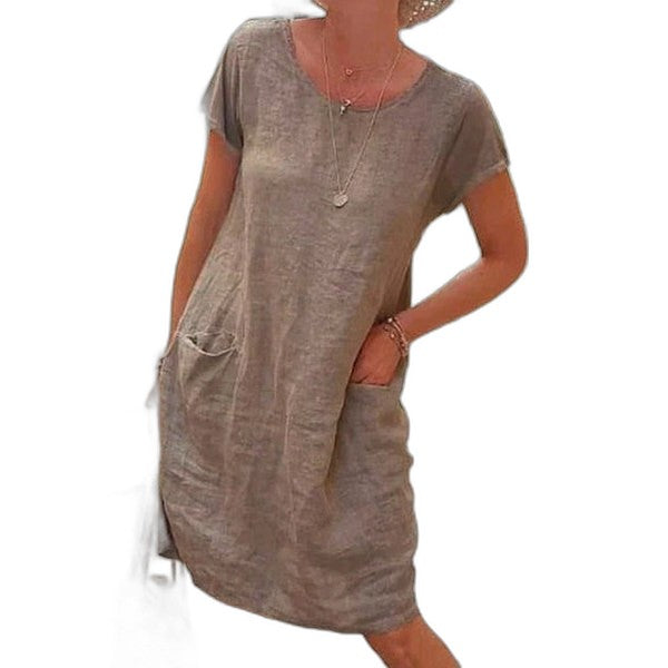 Effortless Grey Cotton Midi Dress for Women with Crew Neck Short Sleeve Straight Leg Pockets Casual Style