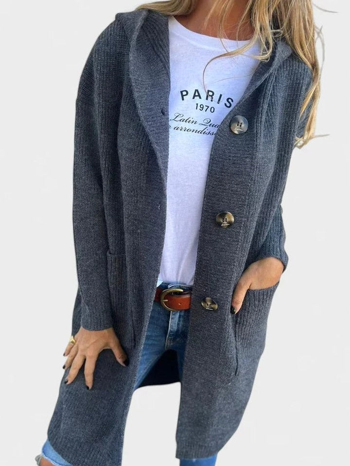 Effortless Grey Knit Cardigan for Women with Collared Long Sleeve Button Front Oversized Pockets Casual Style