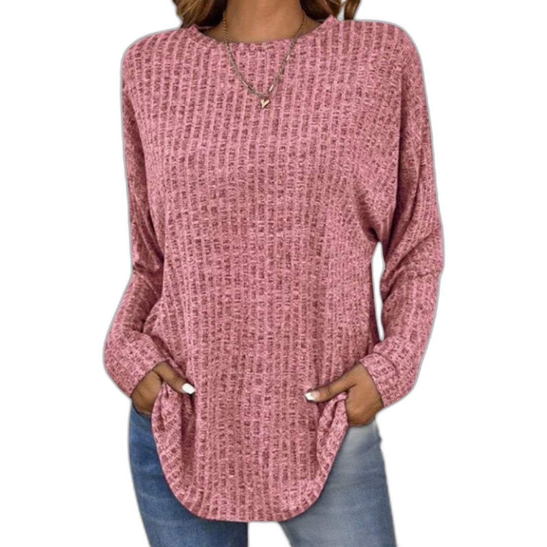Effortless Grey Knit Sweater for Women with Crew Neck Long Sleeve Flowing Pockets Casual Style