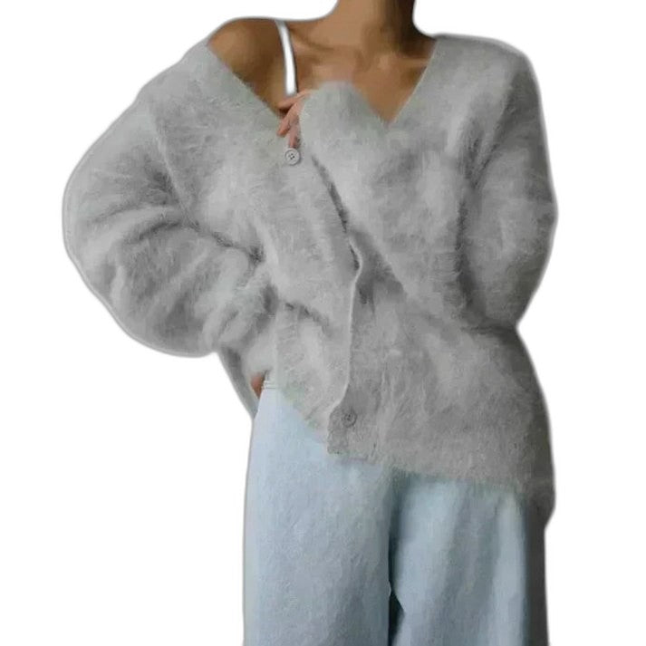 Effortless Grey Knit Sweater for Women with V Neck Long Sleeve Oversized Casual Style