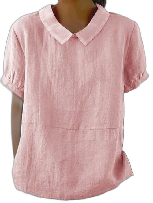 Effortless Grey Linen Blouse for Women with Collared Short Sleeve Oversized Casual Style