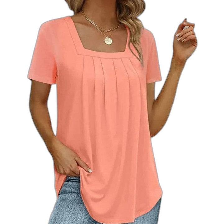 Effortless Grey T Shirt for Women with Square Neck Short Sleeve Pleated Casual Style