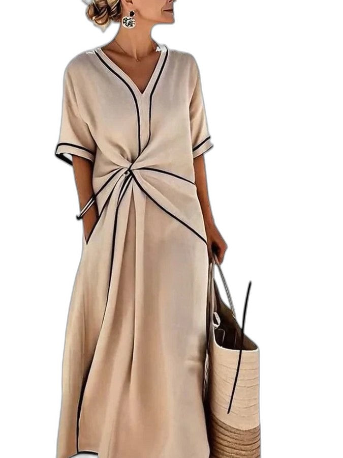 Effortless Linen Midi Dress for Women with V Neck Short Sleeve Wrap Ruched Casual Style