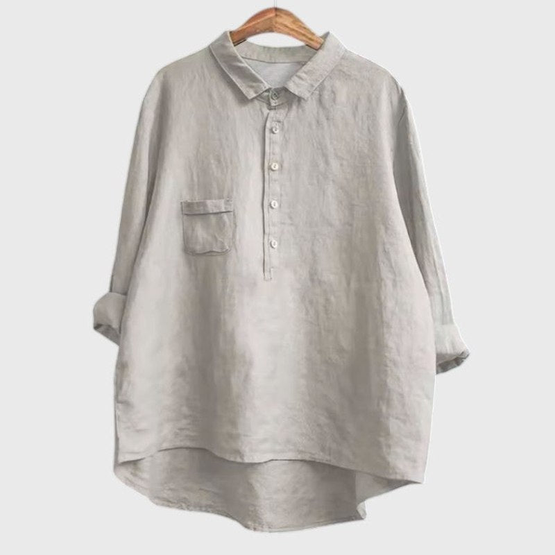 Effortless Navy Linen Blouse for Women with Collared Long Sleeve Button Front Flowing Oversized Casual Style
