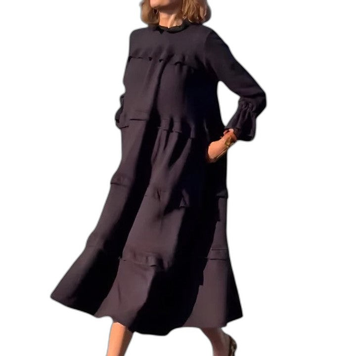 Effortless Navy Midi Dress for Women with High Neck Long Sleeve A Line Tiered Casual Style