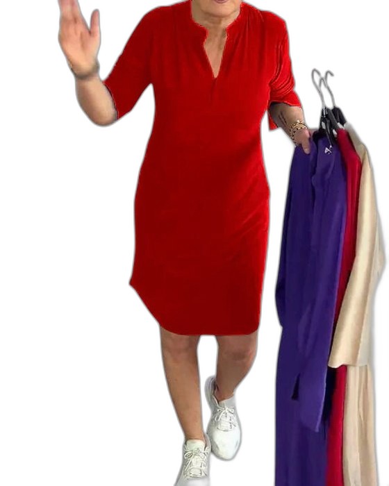 Effortless Navy Midi Dress for Women with V Neck Elbow Sleeve A Line Casual Style
