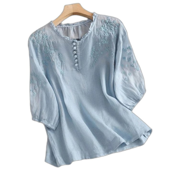 Effortless Pink Blouse for Women with Crew Neck Elbow Sleeve Button Front Casual Style