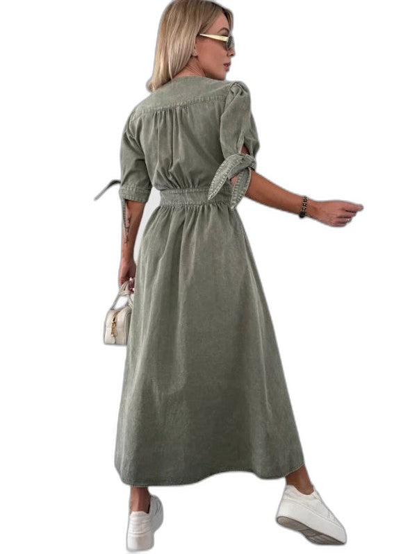 Effortless Pink Denim Maxi Dress for Women with V Neck Short Sleeve Button Front Fit And Flare Casual Style
