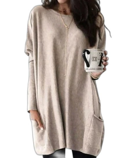 Effortless Pink Knit Sweater for Women with Crew Neck Long Sleeve Oversized Pockets Casual Style