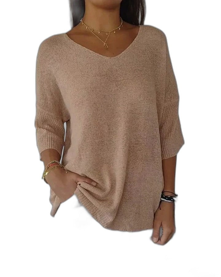 Effortless Pink Knit Sweater for Women with V Neck Long Sleeve Flowing Casual Style