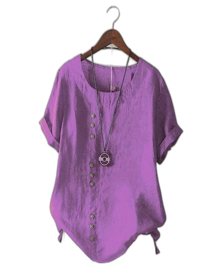 Effortless Pink Linen Blouse for Women with Crew Neck Short Sleeve Button Front Casual Style