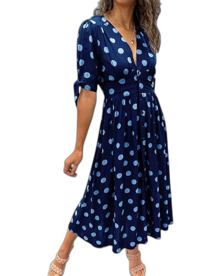 Effortless Polka Dot Midi Dress for Women with V Neck Short Sleeve Pleated Button Front Fit And Flare Casual Style
