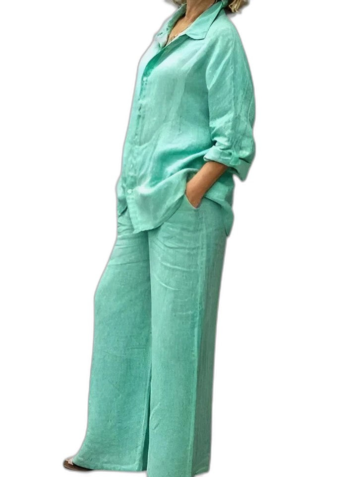 Effortless Purple Linen Two Piece Set for Women with Button Front Wide Leg Casual Style