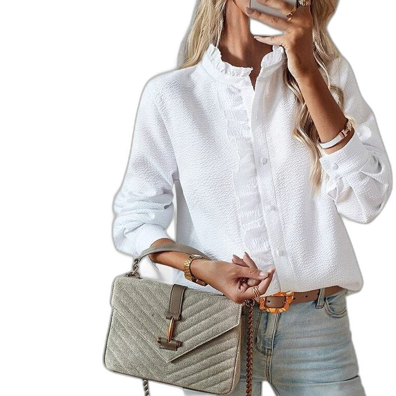 Effortless Striped Blouse for Women with Collared Long Sleeve Ruffle Button Front Casual Style