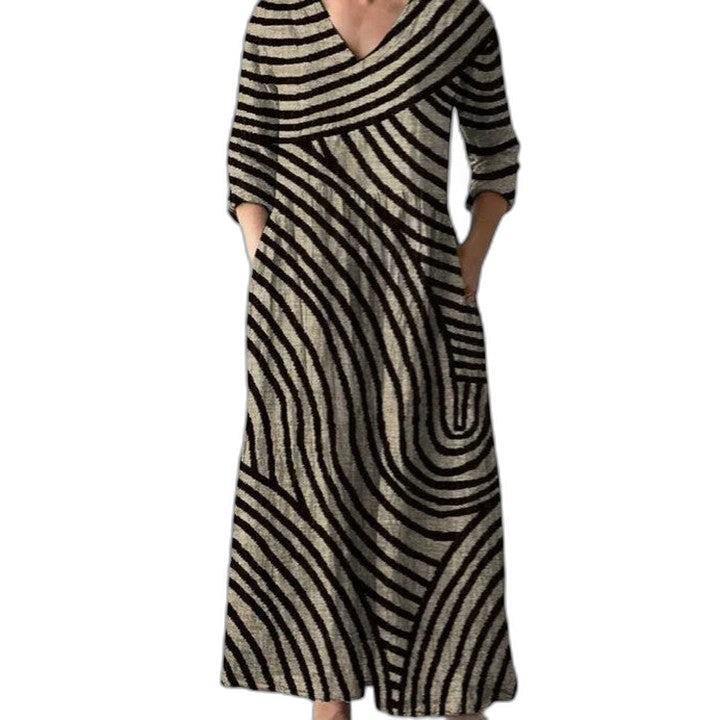 Effortless Striped Maxi Dress for Women with V Neck Short Sleeve Flowing Pockets Casual Style