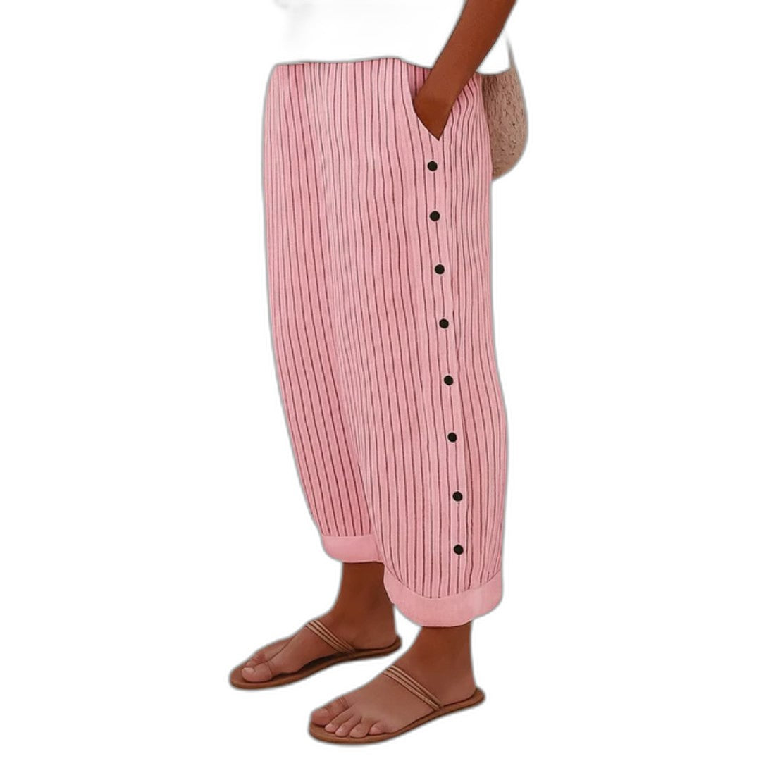 Effortless Striped Pants for Women with Button Front High Waisted Wide Leg Casual Style