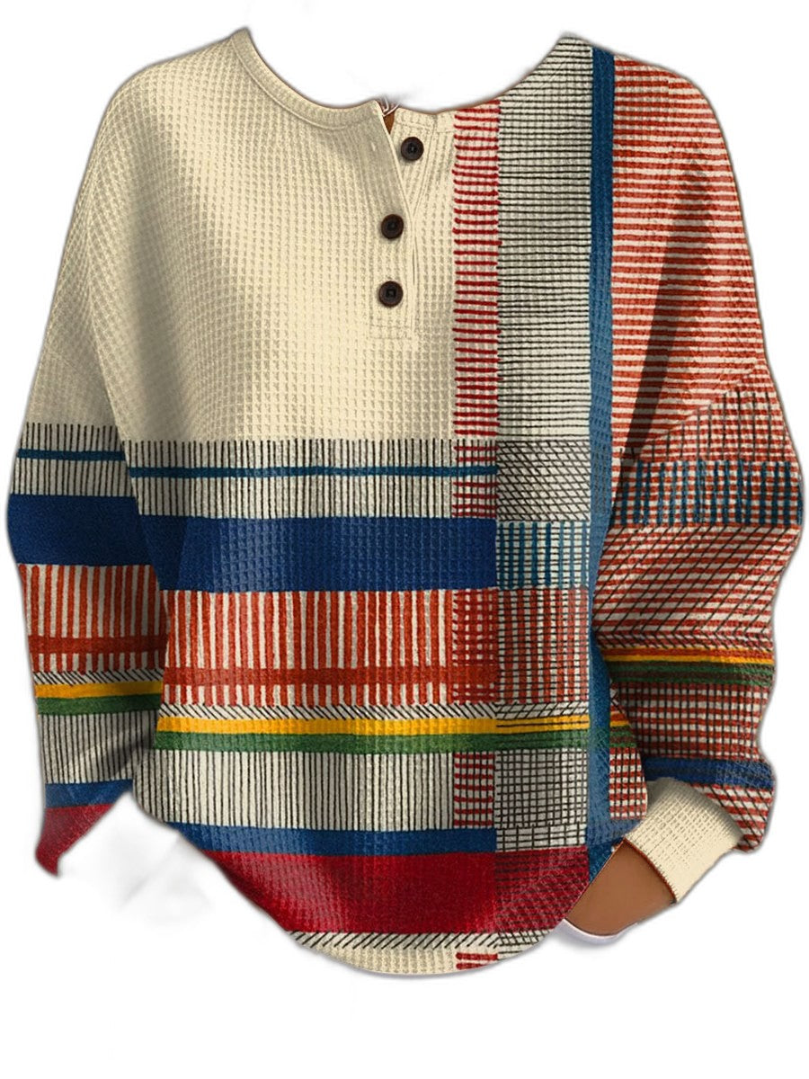 Effortless Striped Sweater for Women with Crew Neck Long Sleeve Button Front Oversized Casual Style