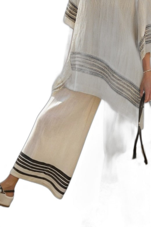 Effortless Striped Two Piece Set for Women with Crew Neck Linen Wide Leg Flowing Casual Style