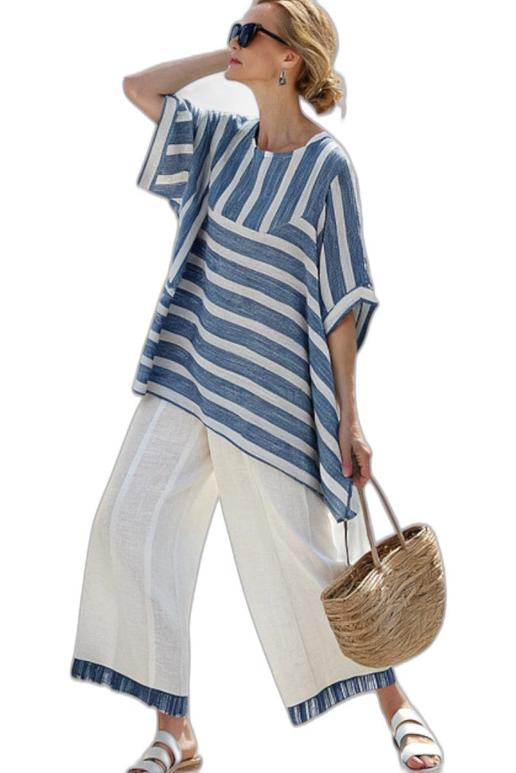 Effortless Striped Two Piece Set for Women with Crew Neck Linen Wide Leg Oversized Casual Style