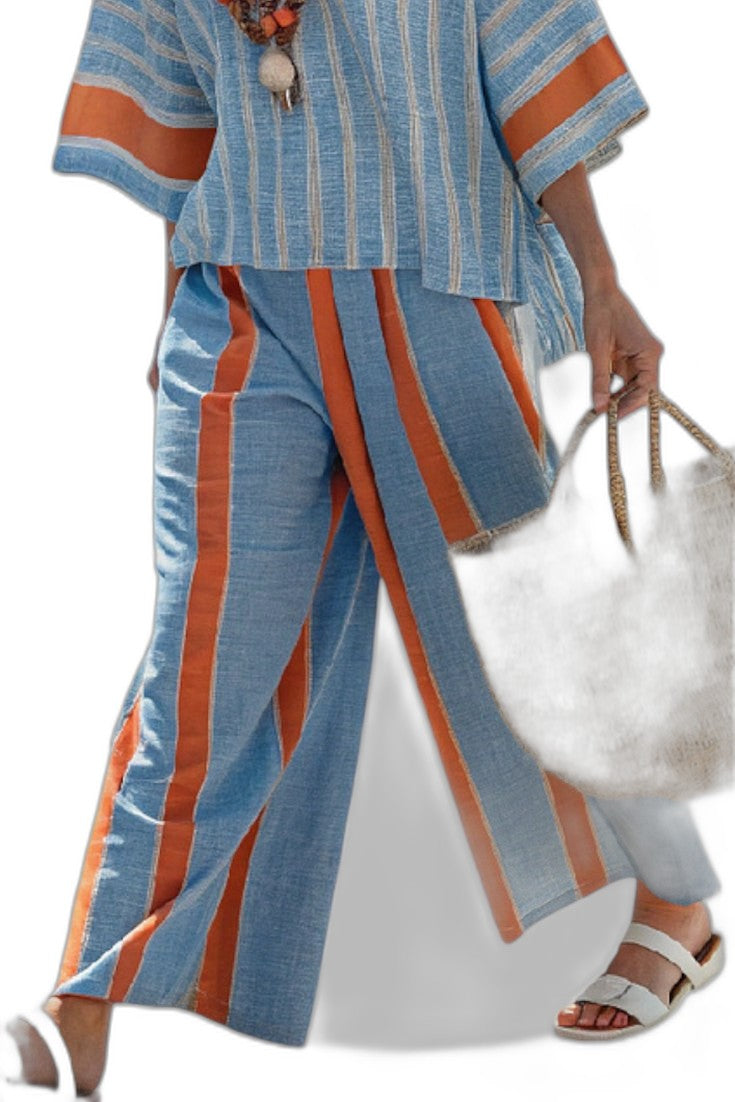 Effortless Striped Two Piece Set for Women with Linen Wide Leg Oversized Casual Style