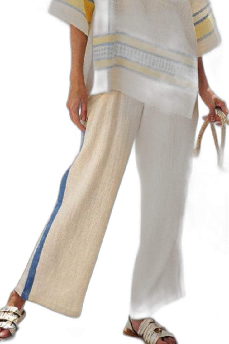 Effortless Striped Two Piece Set for Women with Short Sleeve Linen Wide Leg Casual Style