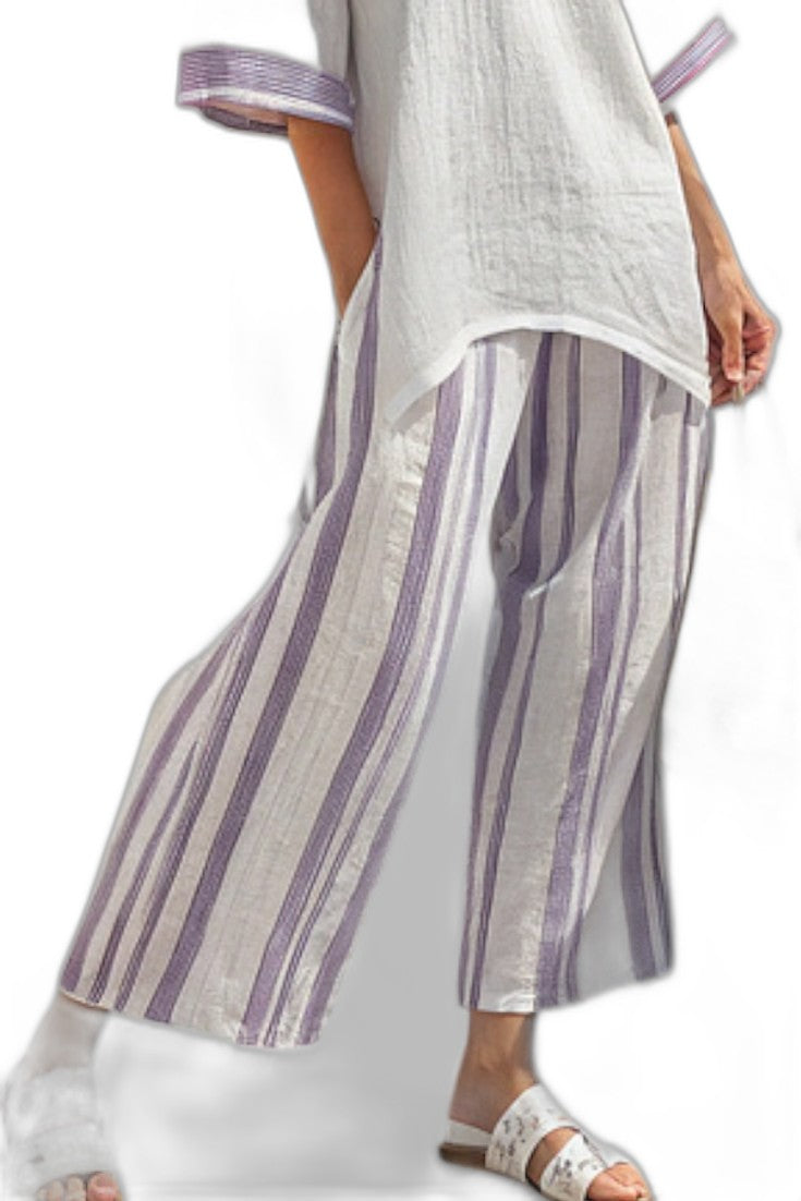 Effortless Striped Two Piece Set for Women with V Neck Linen Wide Leg Flowing Casual Style