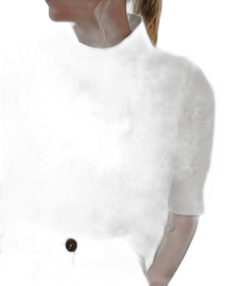 Effortless White Lace Blouse for Women with High Neck Short Sleeve Casual Style