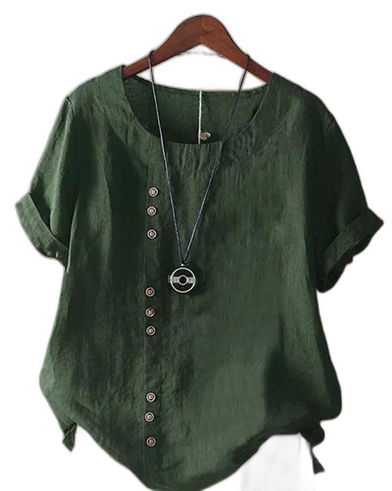Effortless White Linen Blouse for Women with V Neck Short Sleeve Button Front Oversized Casual Style