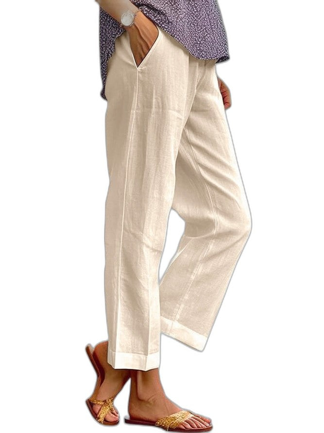 Effortless White Linen Pants for Women with High Waisted Wide Leg Pockets Casual Style