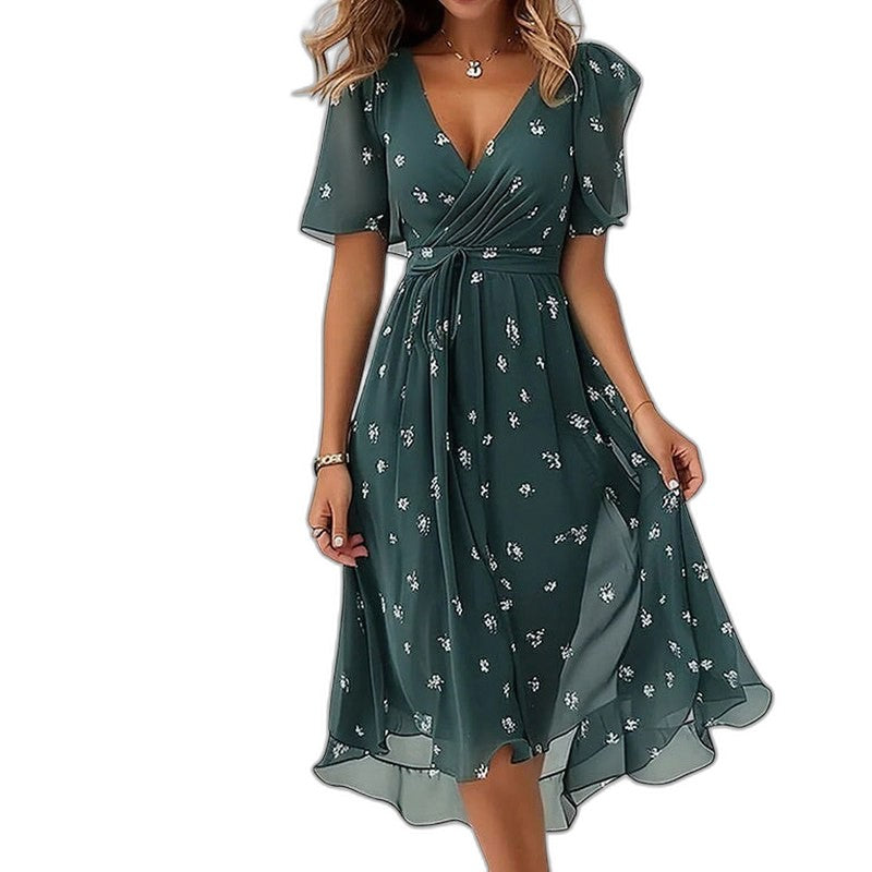 Elegant Abstract Midi Dress for Women with V Neck Short Sleeve Fit And Flare Party Style