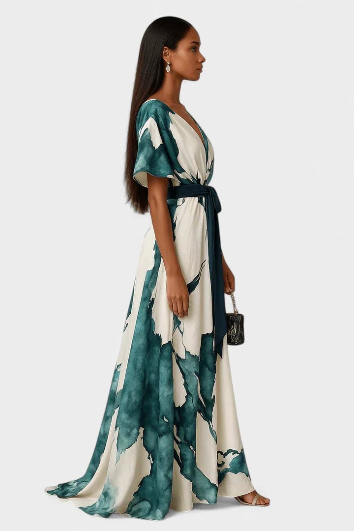 Elegant Abstract Midi Dress for Women with V Neck Short Sleeve Wrap Belted Cocktail Style