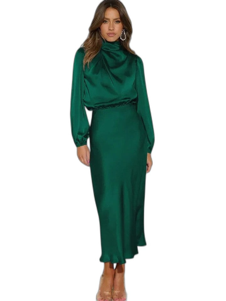 Elegant Beige Satin Maxi Dress for Women with High Neck Long Sleeve Flowing Cocktail Style