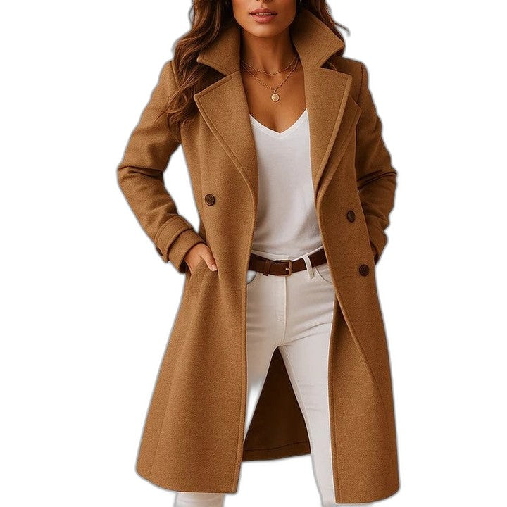 Elegant Black Coat for Women with Collared Long Sleeve Button Front Belted Office Style