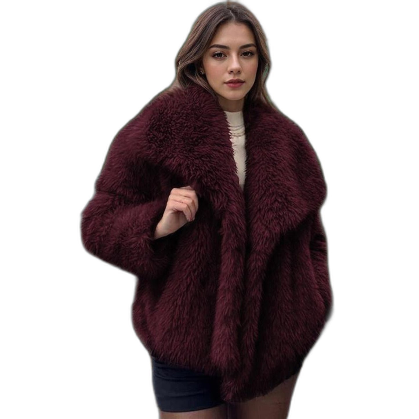 Elegant Black Jacket for Women with Collared Long Sleeve Cropped Oversized Fur Lined Party Style