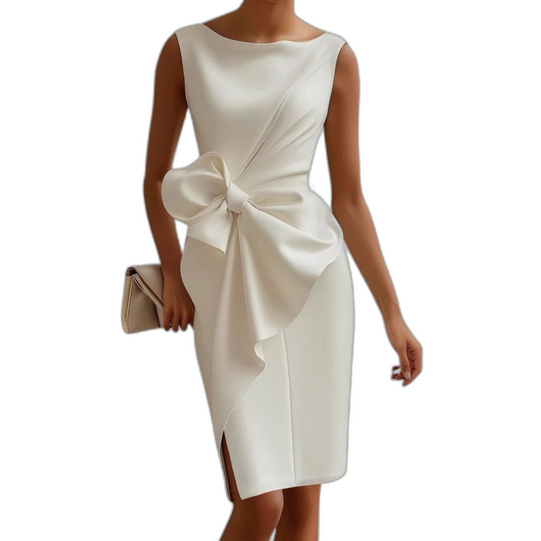 Elegant Black Midi Dress for Women with Boat Neck Sleeveless Bodycon Ruched Cocktail Style