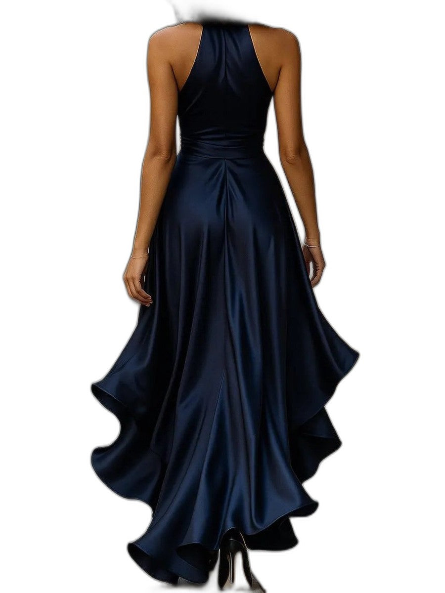 Elegant Black Satin Maxi Dress for Women with V Neck Sleeveless Wrap Ruffle Belted Formal Style
