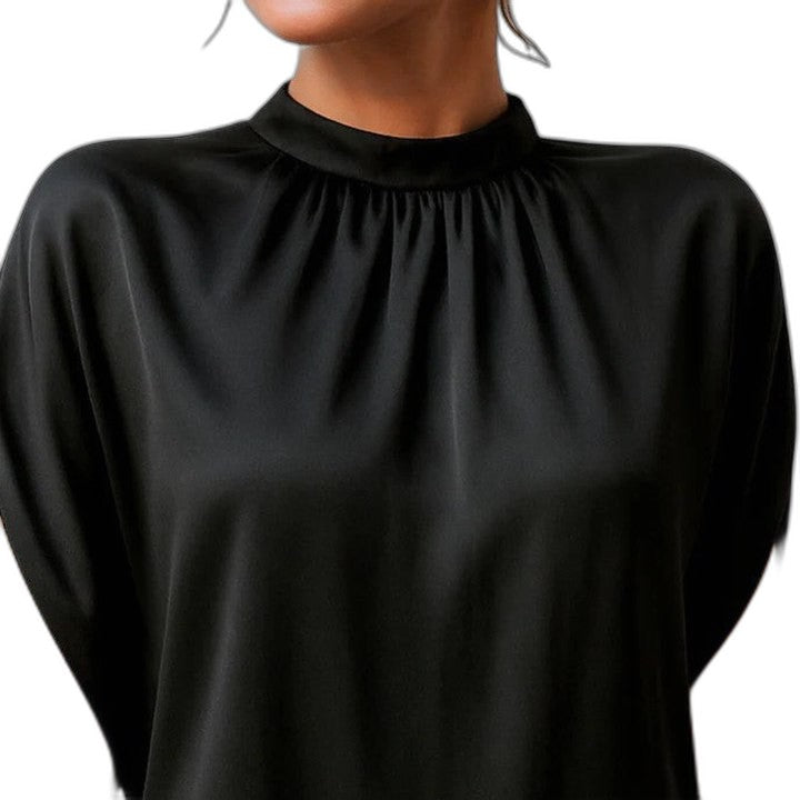 Elegant Black Satin Midi Dress for Women with High Neck Cap Sleeve Cocktail Style