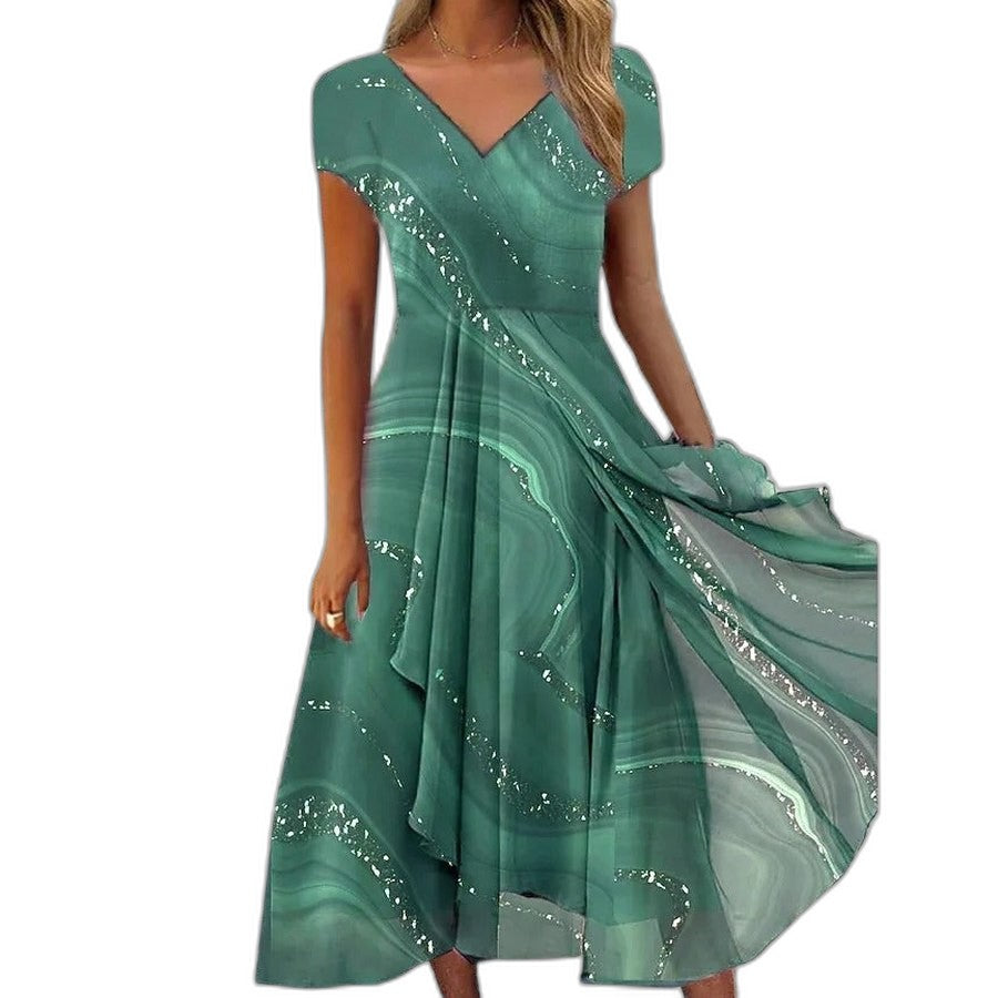 Elegant Blue Abstract Midi Dress for Women with V Neck Short Sleeve A Line Flowing Cocktail Style