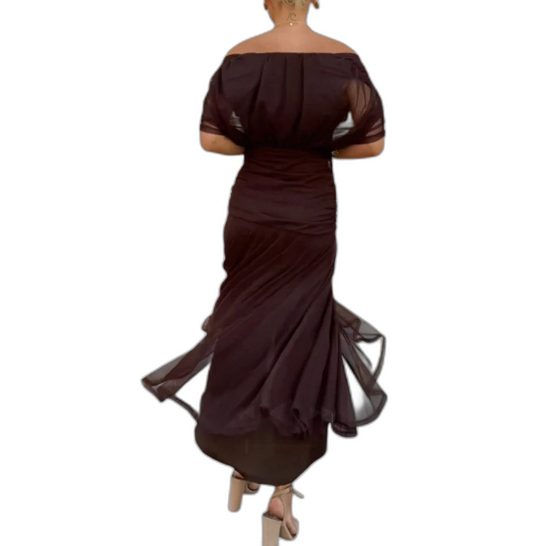 Elegant Brown Maxi Dress for Women with Off Shoulder Sleeveless Ruched Flowing Formal Style