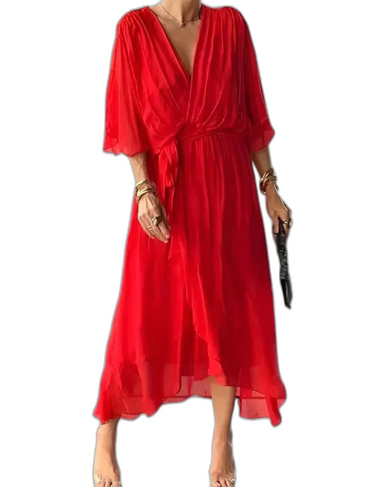 Elegant Burgundy Chiffon Midi Dress for Women with V Neck Long Sleeve Button Front Flowing Cocktail Style