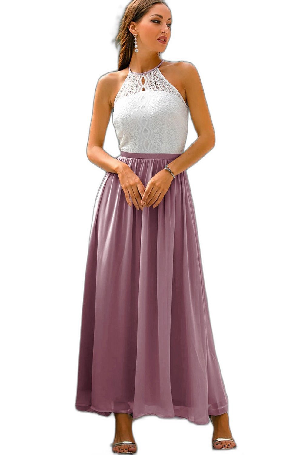 Elegant Chiffon Maxi Dress for Women with Halter Sleeveless A Line Flowing Formal Wedding Guest Style