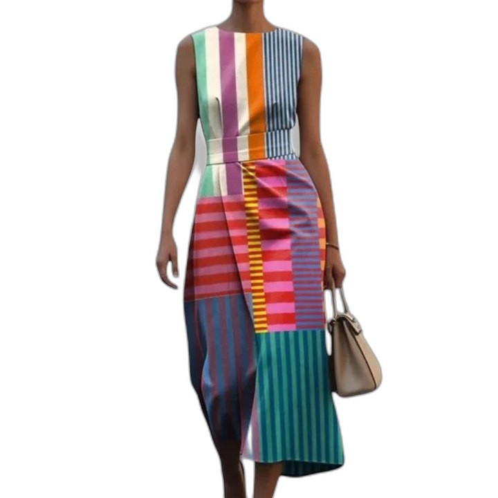 Elegant Color Block Midi Dress for Women with Crew Neck Sleeveless Straight Leg Party Style