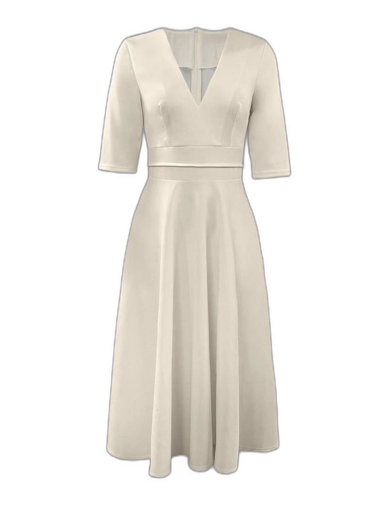 Elegant Cream Midi Dress for Women with V Neck Elbow Sleeve A Line Fit And Flare Cocktail Style