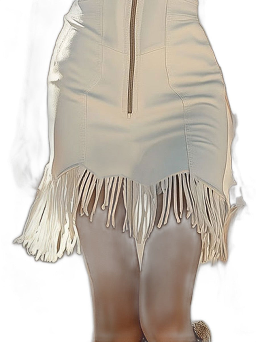 Elegant Cream Mini Dress for Women with Collared Sleeveless Bodycon Fringe Party Style