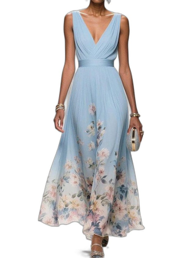Elegant Floral Maxi Dress for Women with Chiffon V Neck Sleeveless A Line Flowing Formal Wedding Guest Style