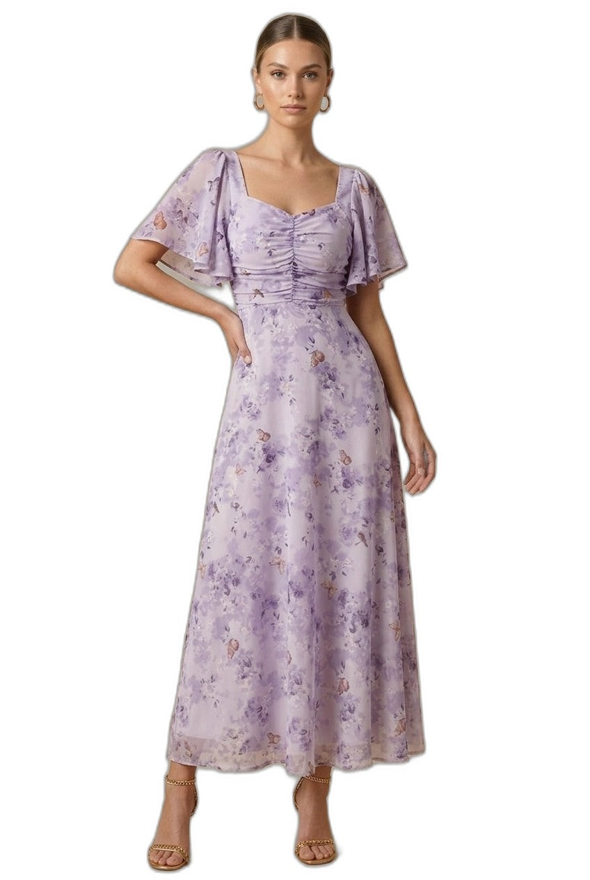 Elegant Floral Maxi Dress for Women with Square Neck Puff Sleeve Ruched Fit And Flare Formal Wedding Guest Style