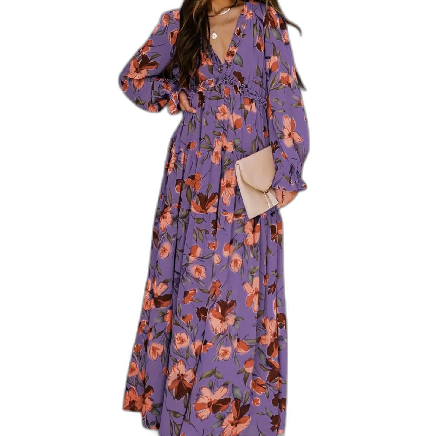 Elegant Floral Maxi Dress for Women with V Neck Long Sleeve Tiered Flowing Formal Wedding Guest Style