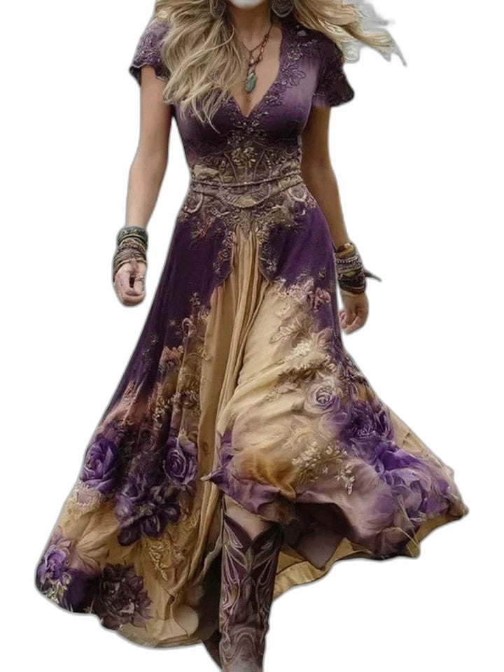 Elegant Floral Maxi Dress for Women with V Neck Short Sleeve Flowing Fit And Flare Party Style